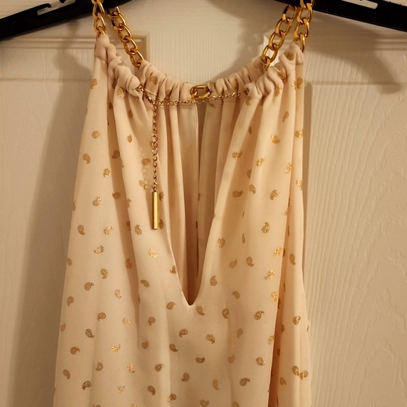 Michael Kors Off-White Gold Flake Chain Neck Metallic Print Dress, Size Small - Picture 7 of 8